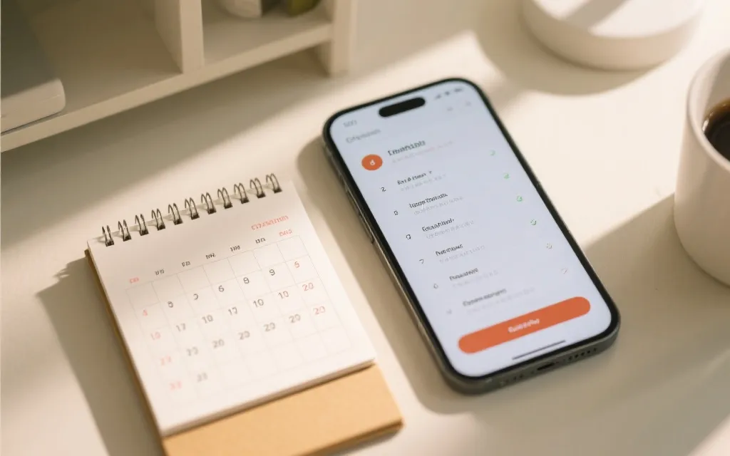 桌面上摊开的日历与手机通知，体现票务追踪的系统化