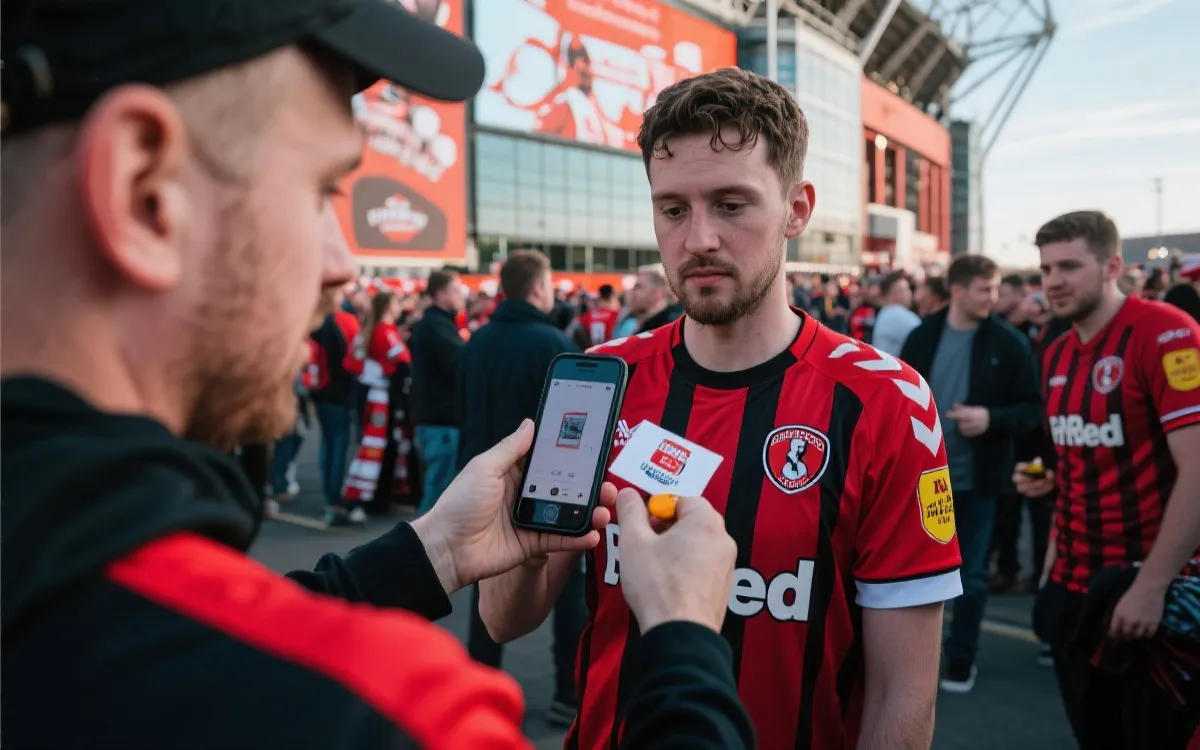 球迷在球场外用手机扫描球衣标签参与互动，科技感与节日氛围